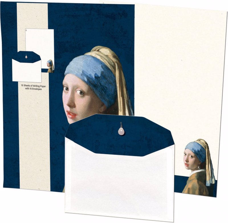 De voorkant van het boek met de titel : Briefpapier Meisje met de parel 10/10 Johannes Vermeer