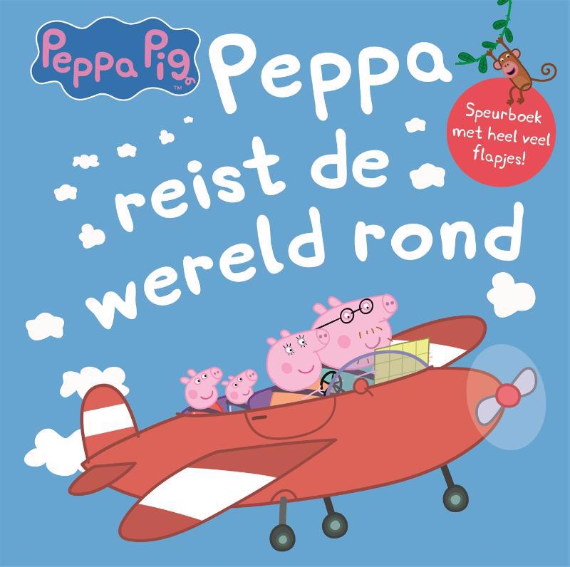 De voorkant van het boek met de titel : Peppa reist de wereld rond