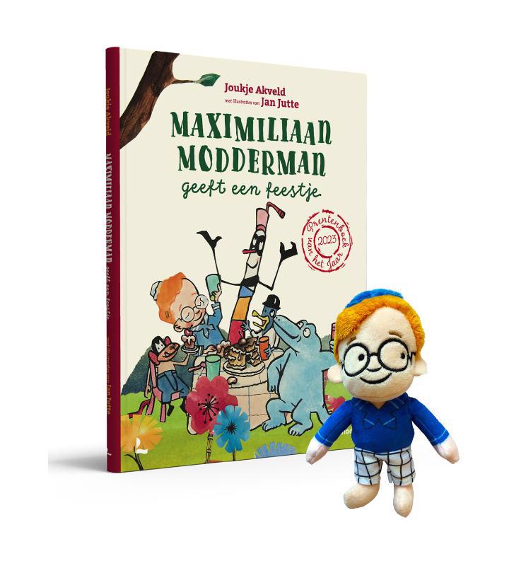 De voorkant van het boek met de titel : Maximiliaan Modderman geeft een feestje (met voorleesknuffeltje)